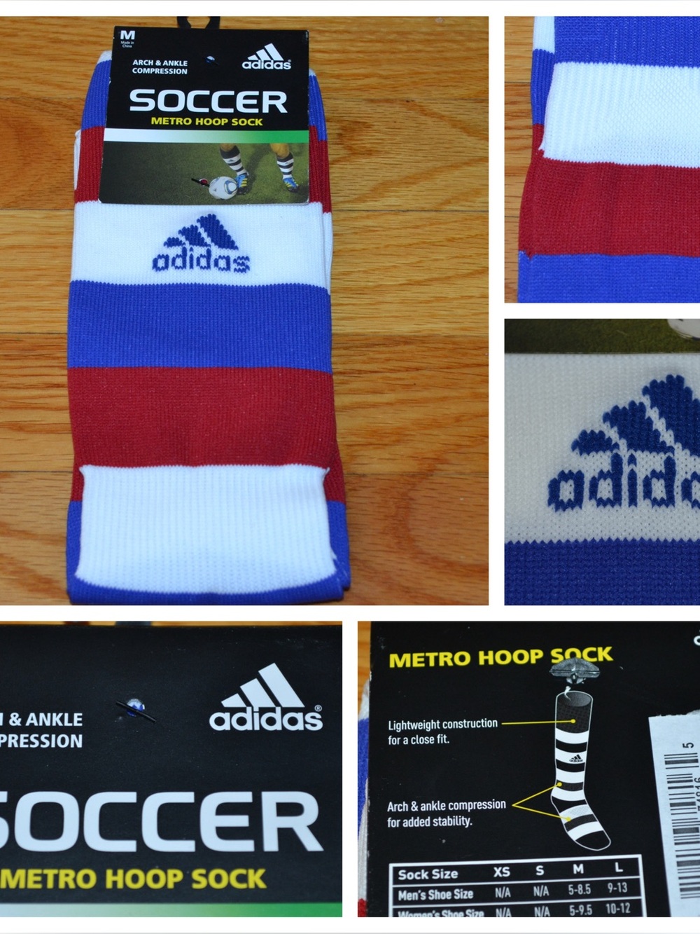 Men’s striped Adidas Metro Hoop soccer socks, size medium - NEW